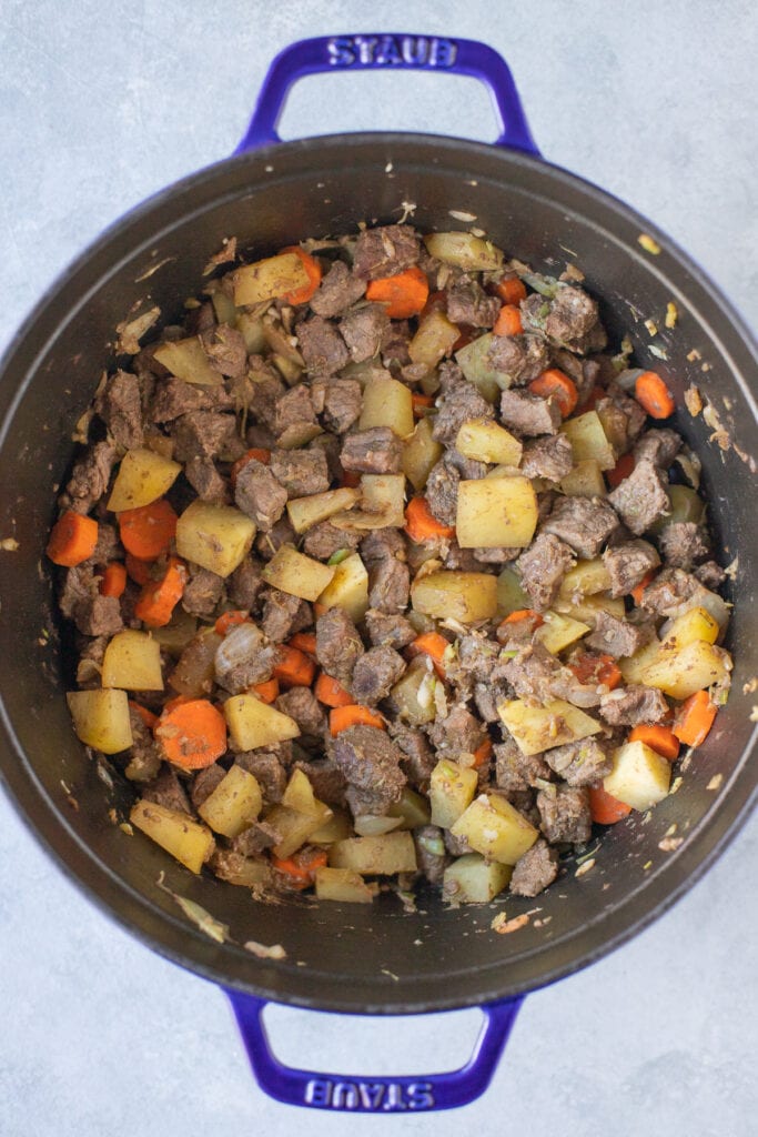 Beef stew meat, onions, garlic, carrots and celery in a stock pot