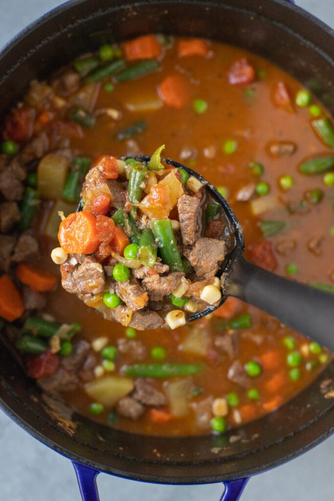 A ladle taking a scoop of vegetable beef soup out of the stock pot