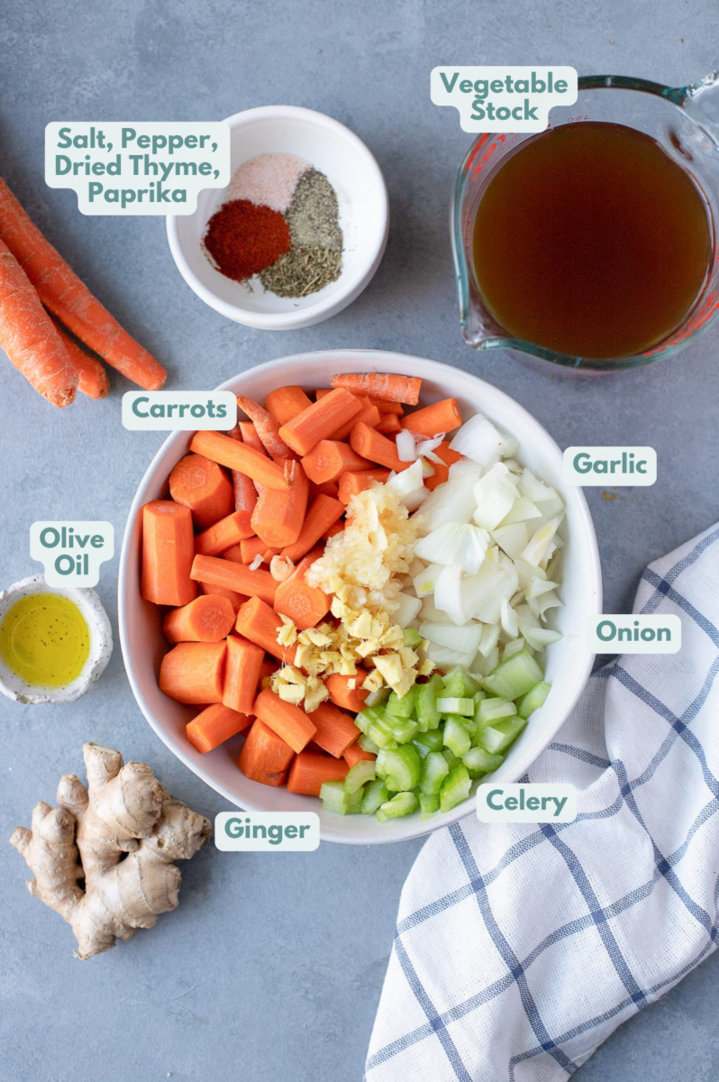 Carrot Ginger Soup ingredients in a white bowls on a grey background: fresh carrots, celery, onion, ginger, garlic, vegetable stock, olive oil, dried thyme, paprika, salt + pepper, milk (optional)