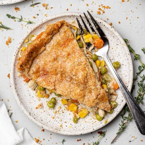 Healthy Chicken Pot Pie on a white plate with a fork