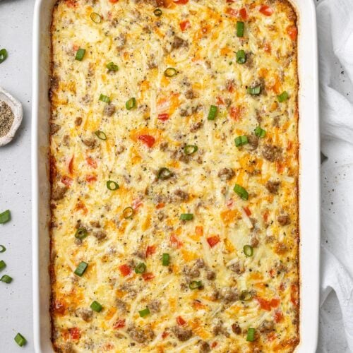 A white baking dish of egg hash brown casserole