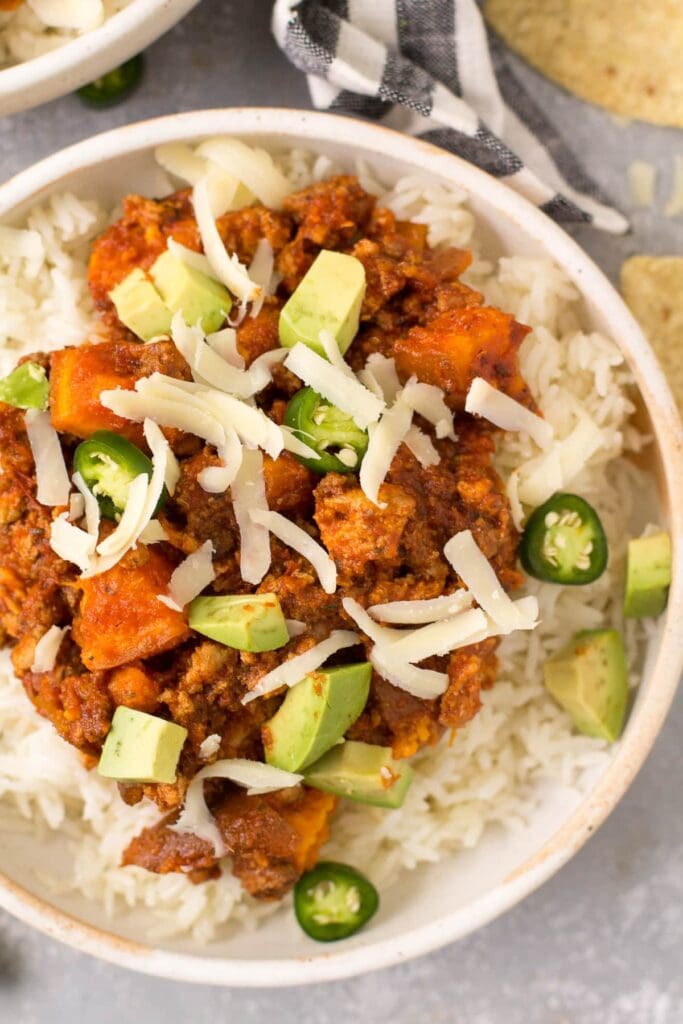a bowl of ground beef and sweet potato chili