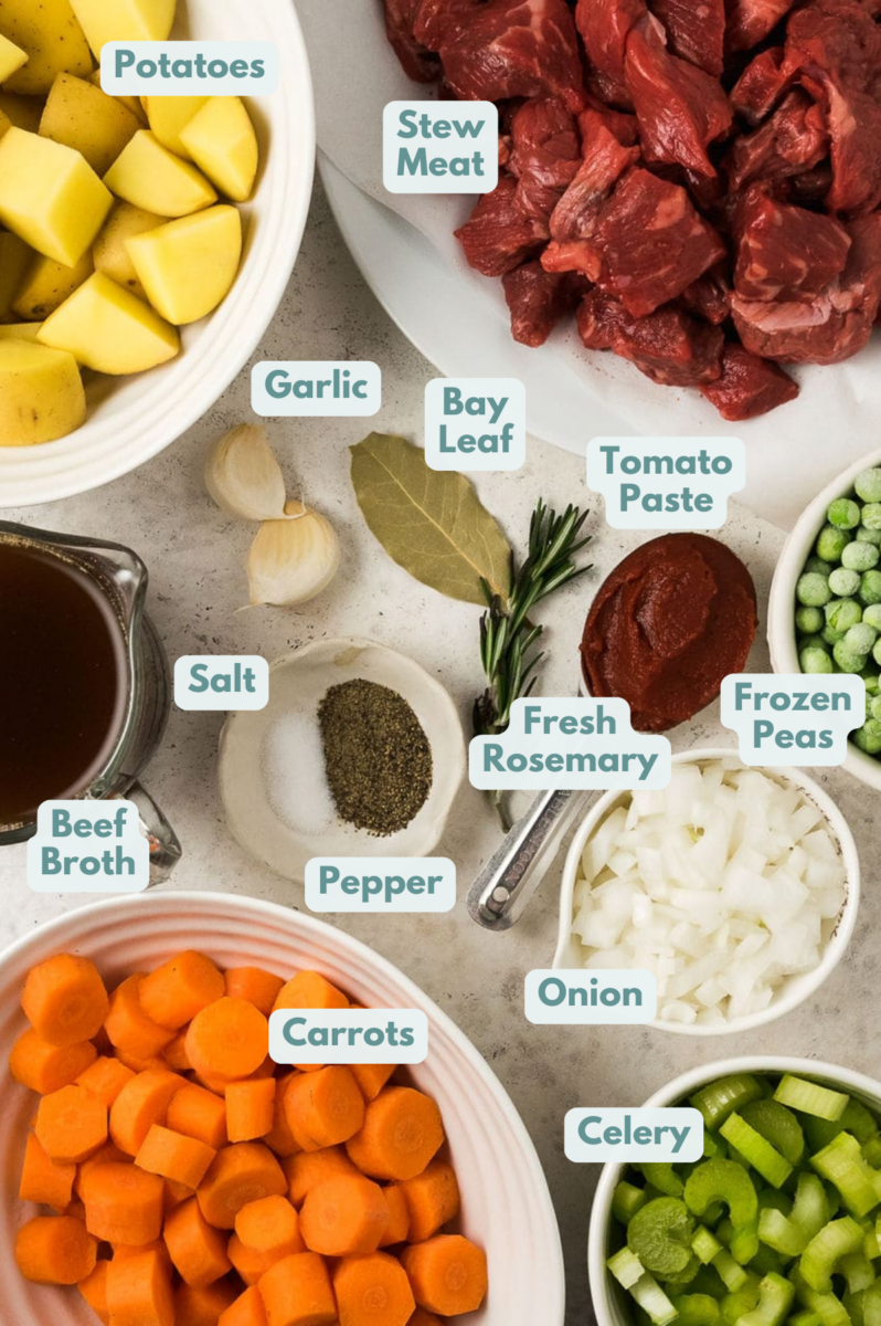 Ingredients for instant pot beef stew in white bowls or plates