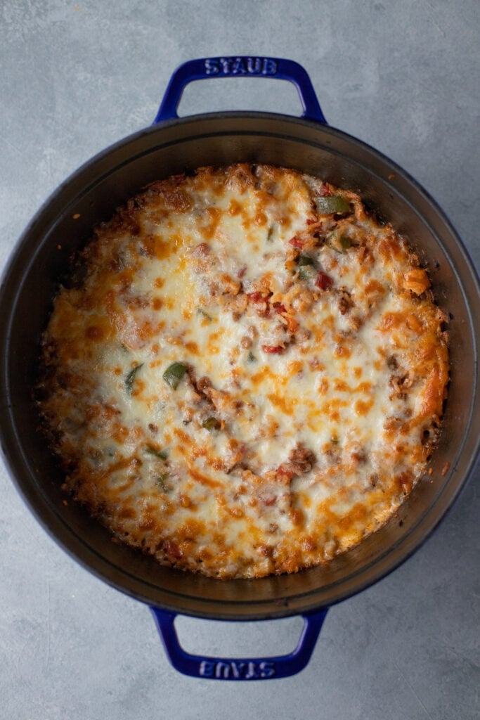 an overhead shot of stuffed pepper casserole fully cooked