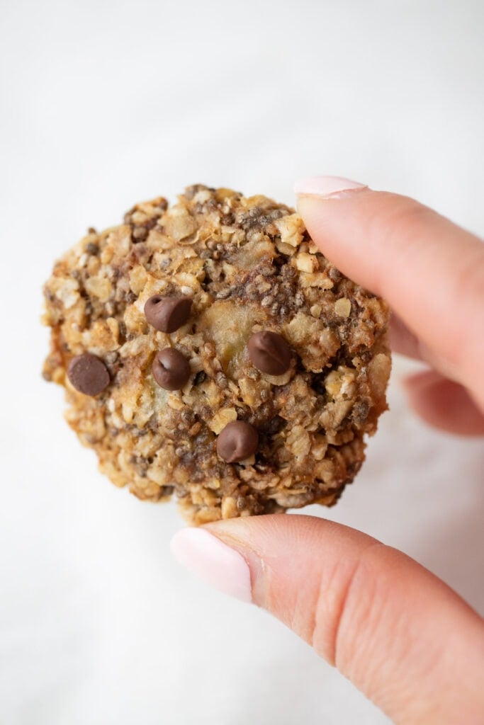 A hand holding a Banana Oatmeal Cookie with chocolate chips