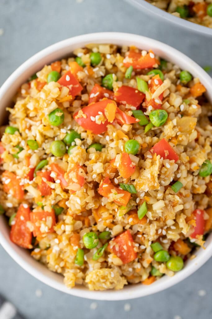 A close up overhead shot of cauliflower fried rice
