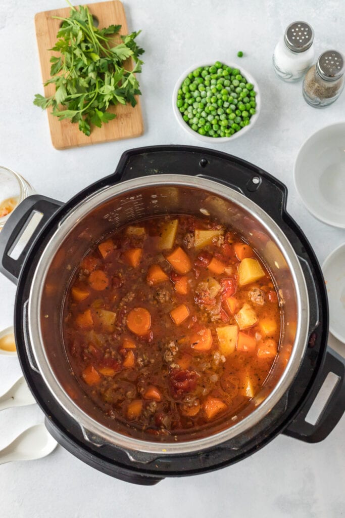 Hamburger stew after it has been cooked in the instant pot