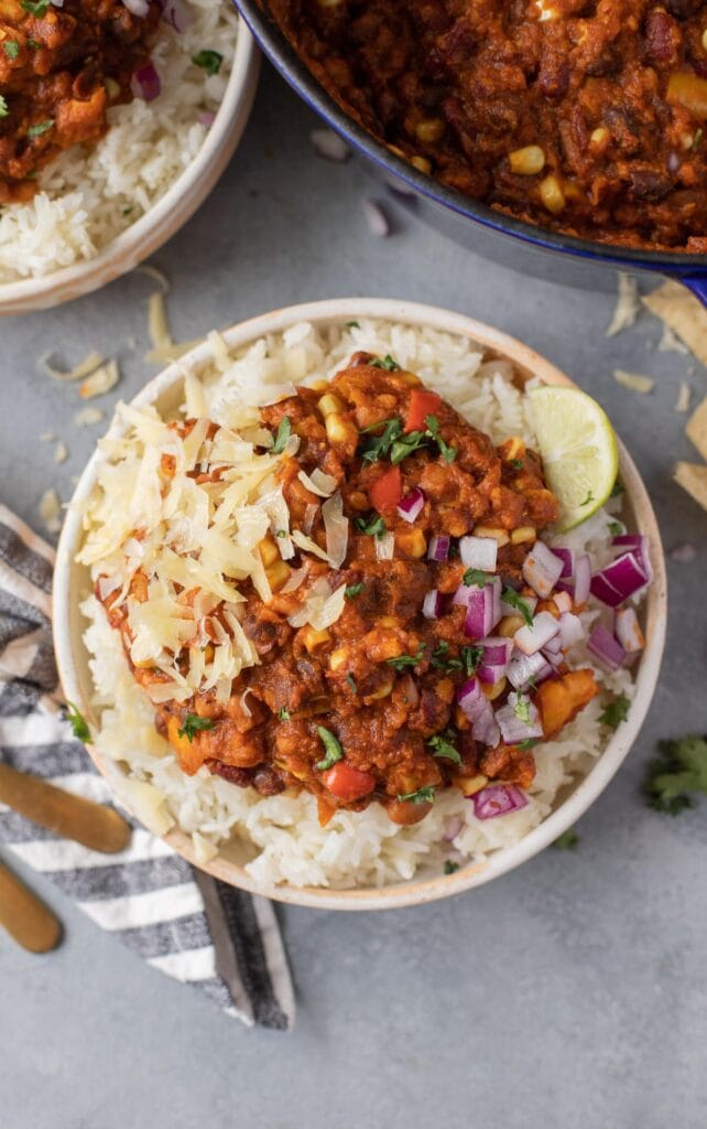 Vegetarian game day chili in a bowl
