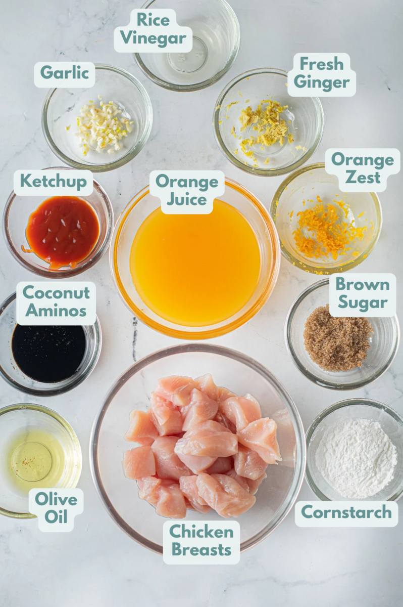 Ingredients for Pressure Cooker Orange Chicken in small glass bowls on a light grey background.