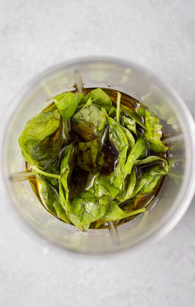 ingredients for creamy balsamic dressing in a blender before being blended