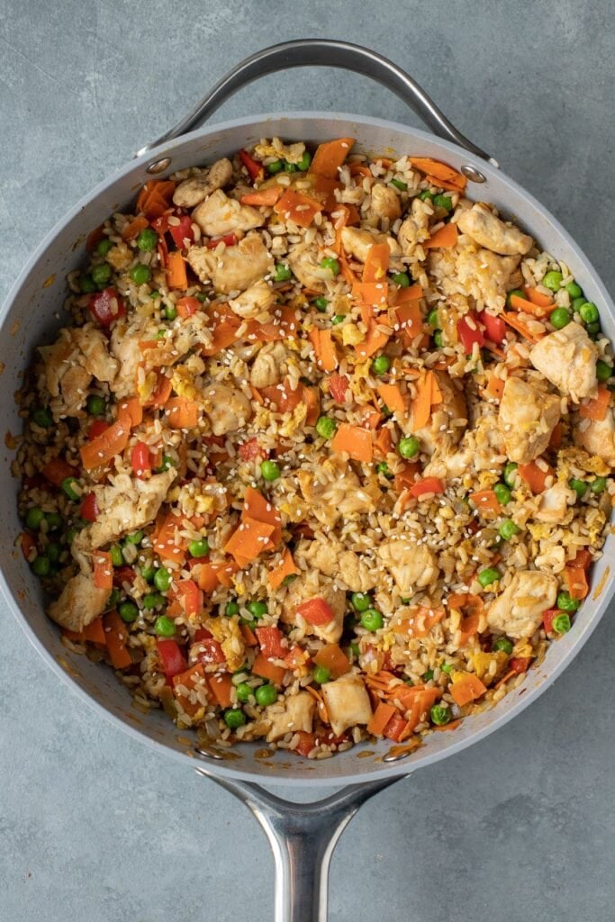 A Caraway Pan filled with fried rice