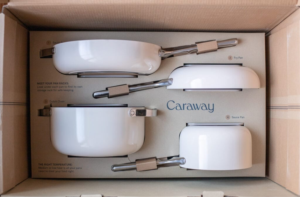 Caraway Pots & Pans in the box