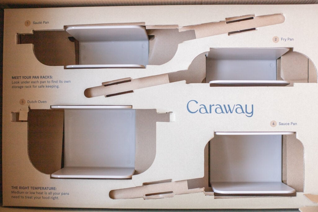 Magnetic Pan Organizers in the cardboard box for Caraway