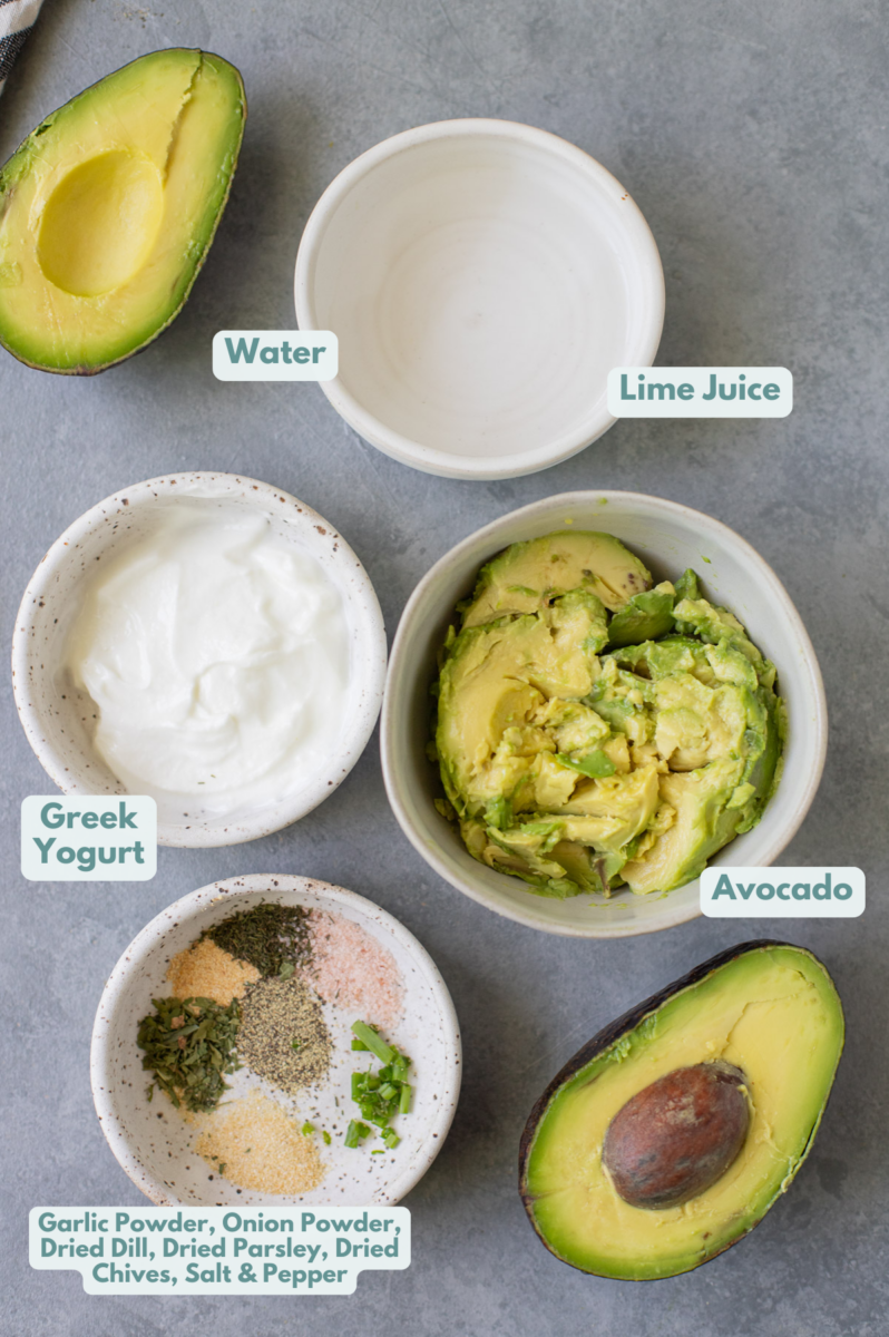 Ingredients for Avocado Ranch Dressing in small white bowls