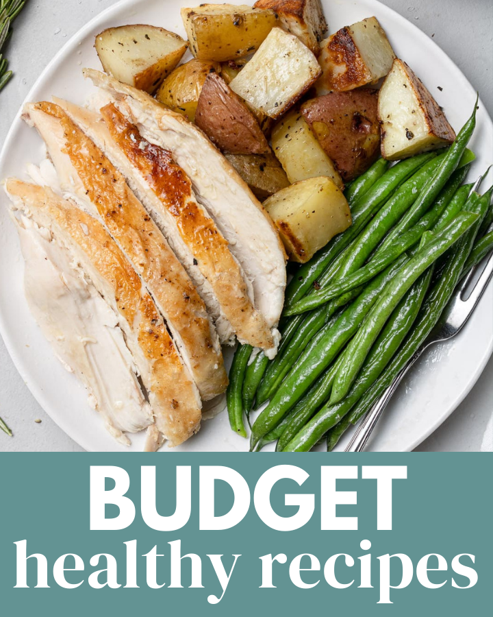 A photo of sliced chicken on a white plate with the text over lay that reads budget healthy recipes