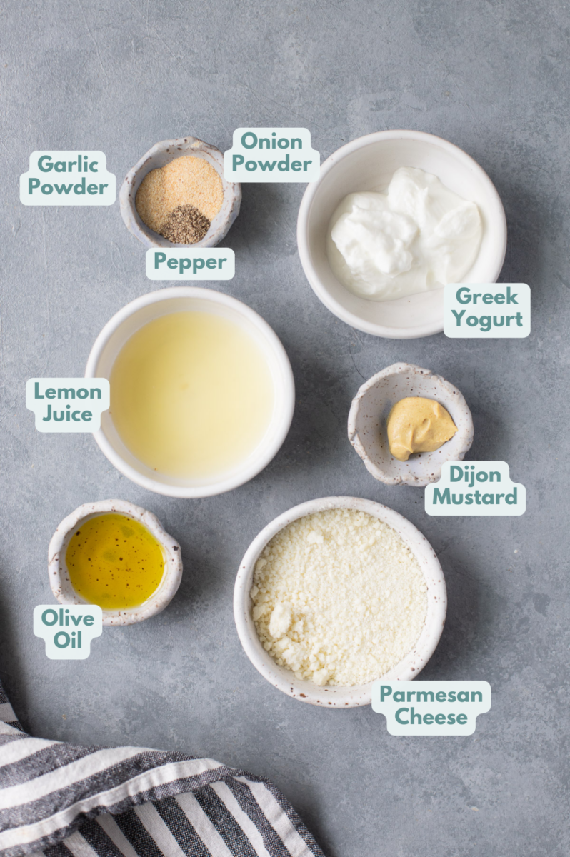 Ingredients for Healthy Caesar Dressing in small bowls