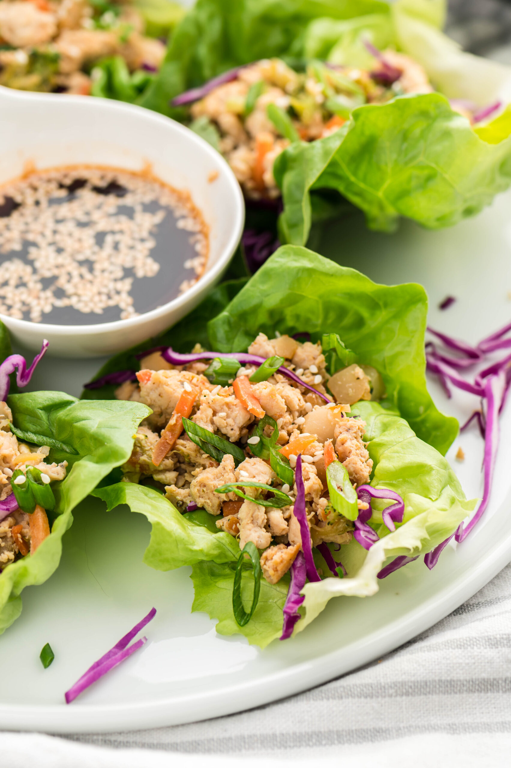 chicken lettuce wraps and a white bowl of dipping sauce on a white plate