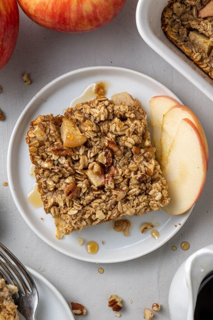 A close up of healthy baked oatmeal on a white plate