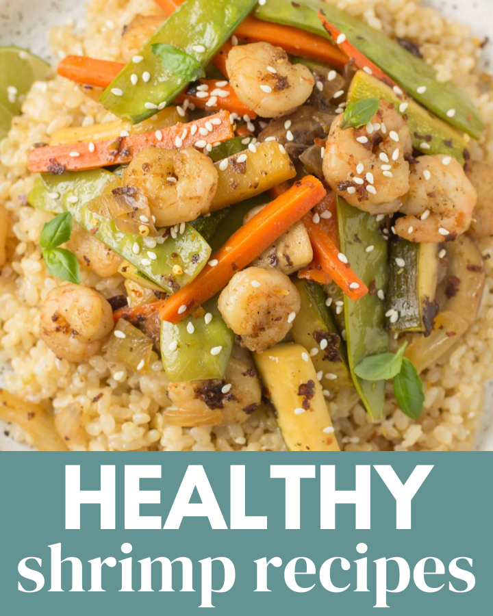 An image with a text overlay that says healthy shrimp recipes
