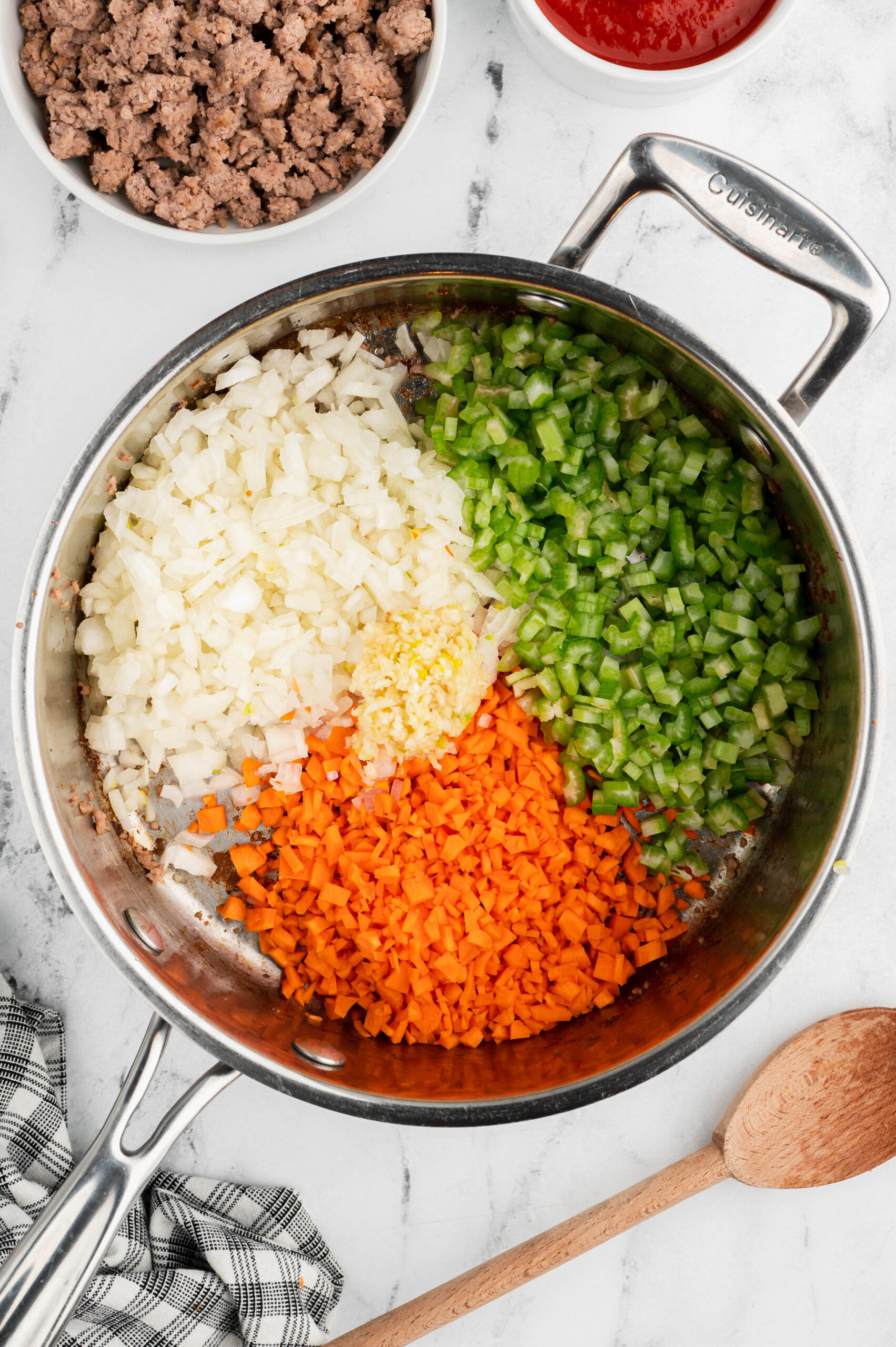 chopped veggies in a pan for healthy turkey bolognese