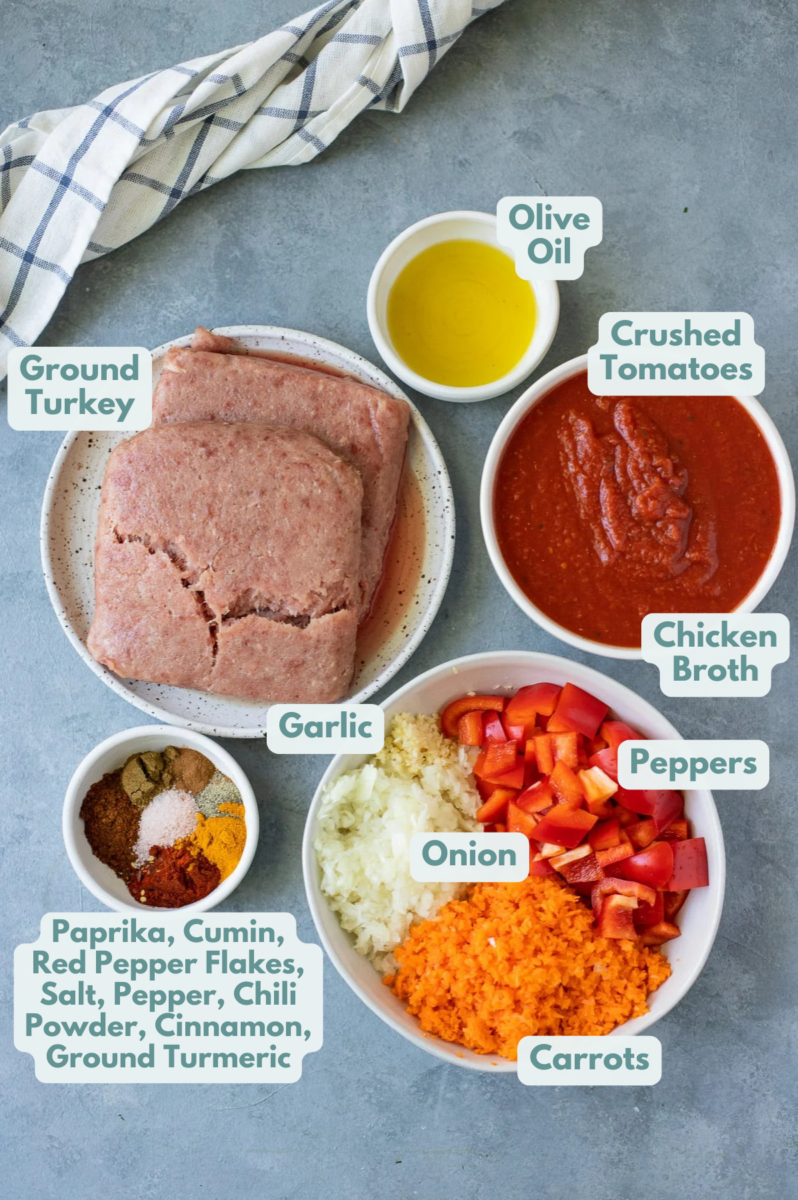 Ingredients for Paleo Turkey Chili in small white bowls on a grey background