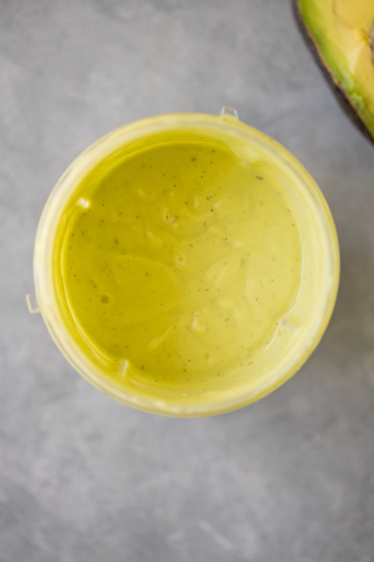 avocado ranch dressing in a blender after being blended