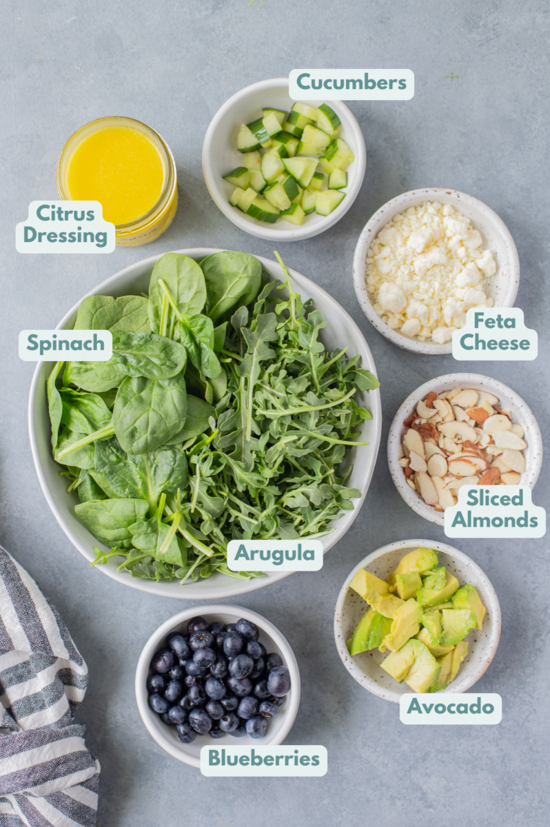 Ingredients for blueberry spinach salad in small white bowls on a grey background