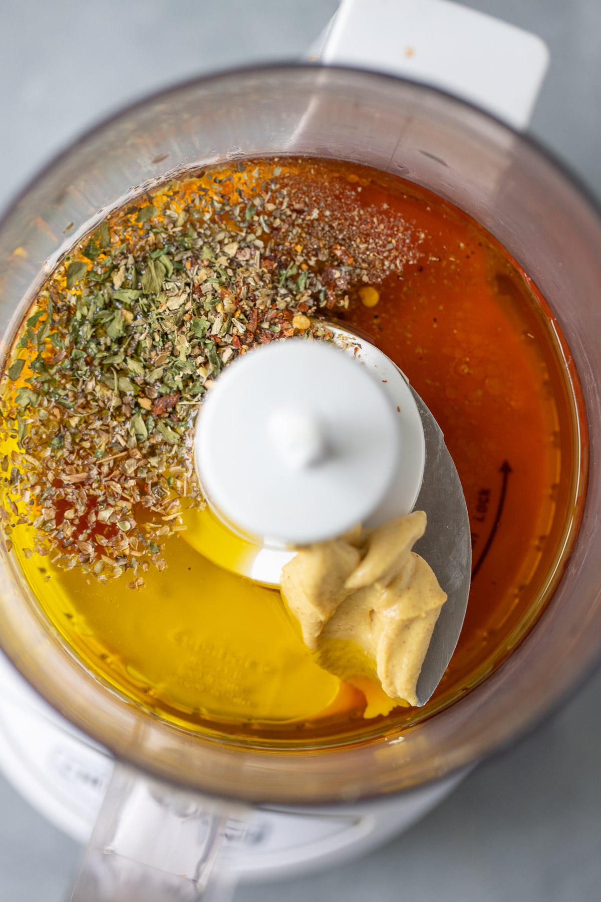 Homemade Italian Dressing in a food processor before being blended