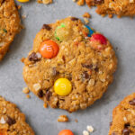 An overhead shot of healthy monster cookies with m&ms