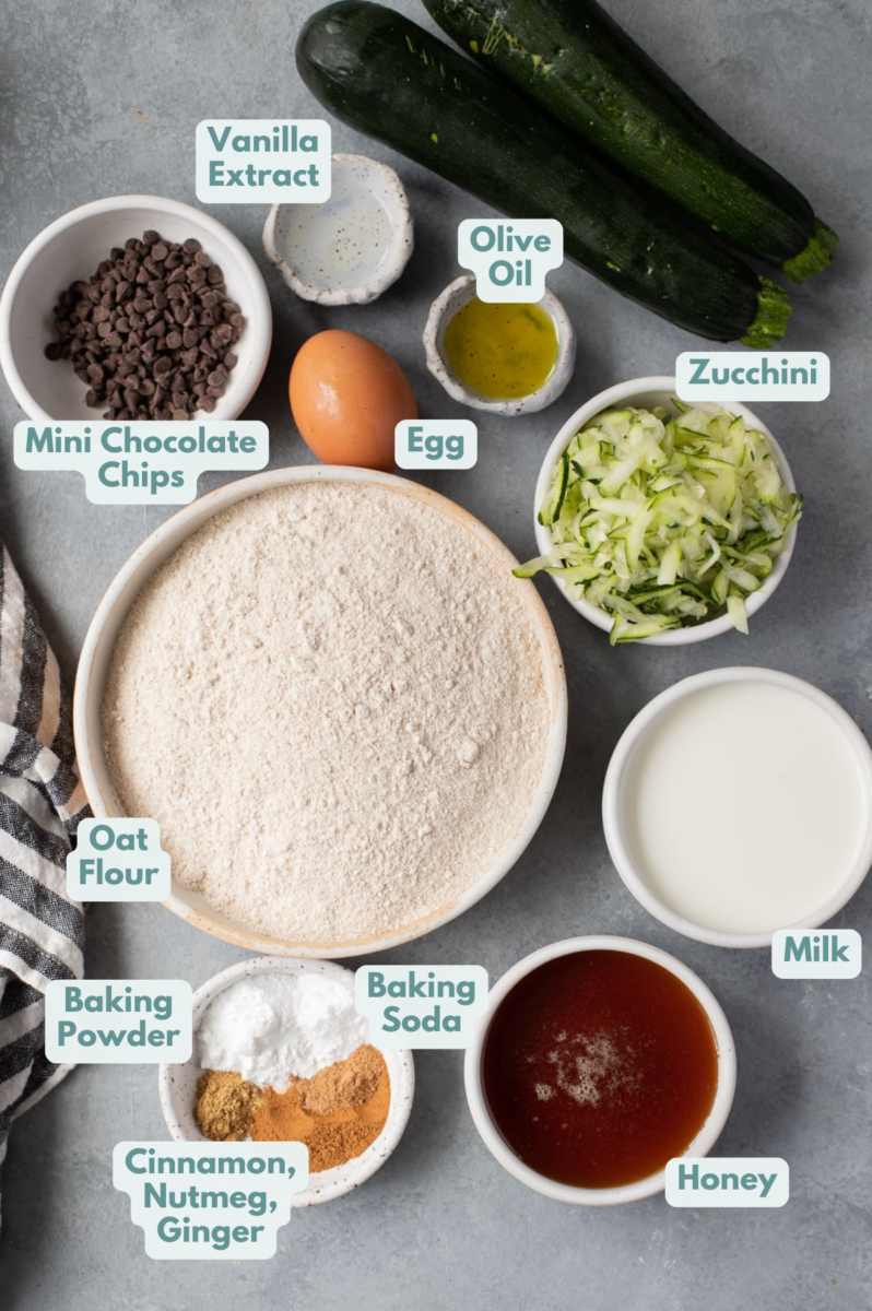 Healthy Zucchini Muffins ingredients: grated zucchini, oat flour OR whole wheat flour, milk, egg, honey, olive oil, vanilla extract, baking powder, baking soda, cinnamon, nutmeg, ginger, mini chocolate chips (optional) in white bowls on a grey background