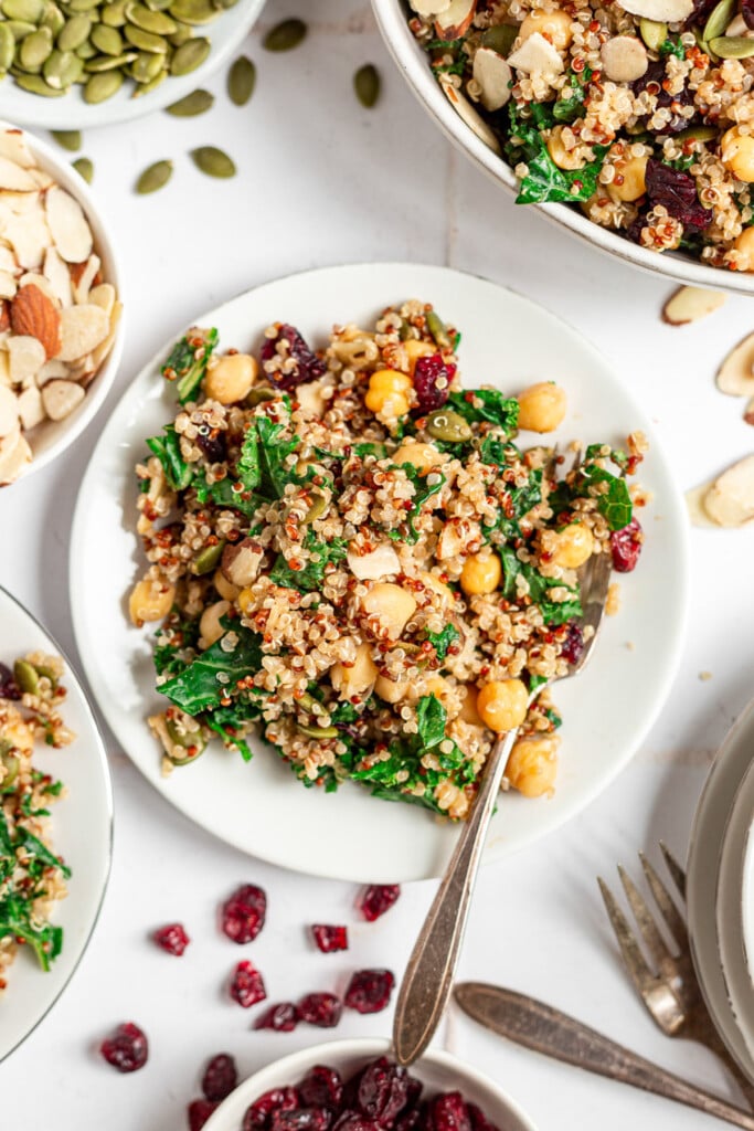 An overhead shot of a white plate of kale and quinoa salad with a fork in it on a grey background