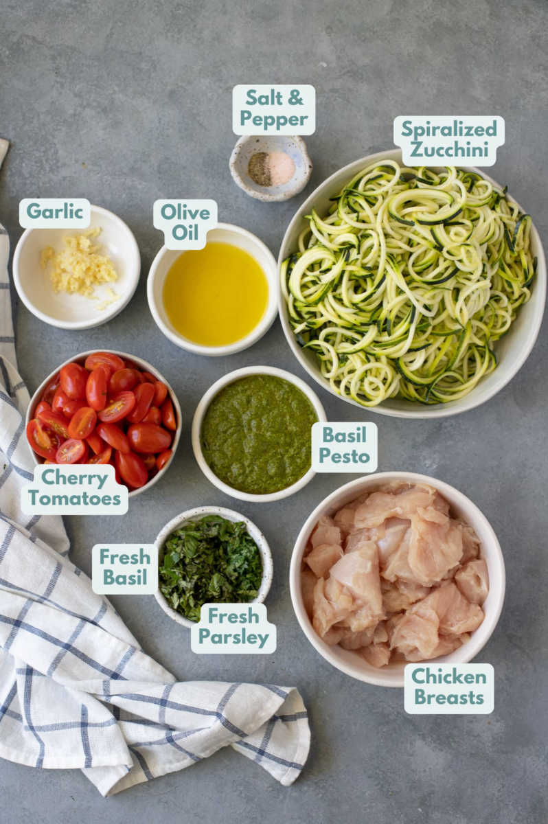 Ingredients for Pesto Chicken Zoodles in small white bowls on a grey background