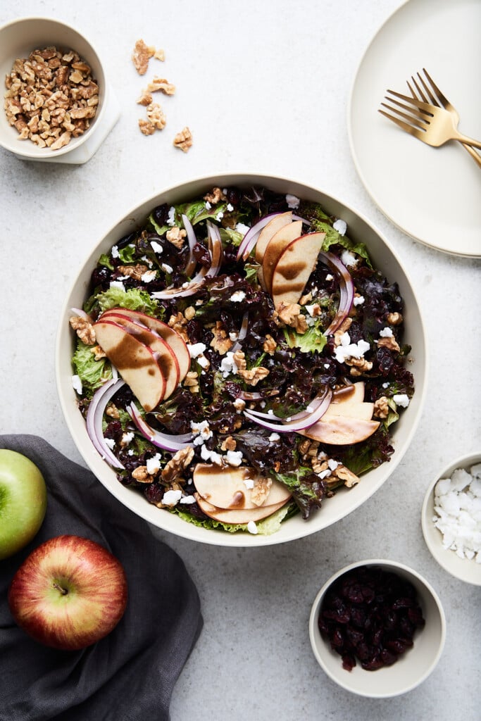 A white bowl of a fall apple salad with apples, nuts and cranberries on the side on a white background