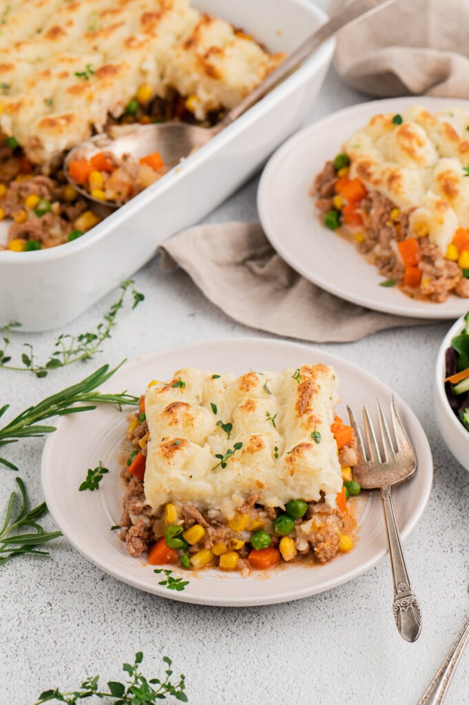 A white plate with healthy shepherd's pie with a fork on the plate and another plate and baking dish of the pie in the background