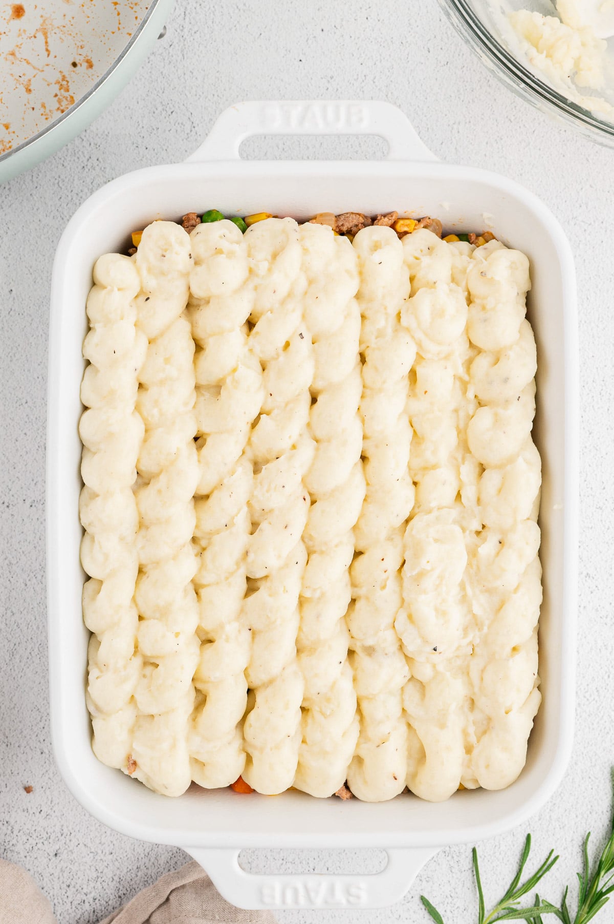 An overhead shot of healthy shepherd's pie before being cooked