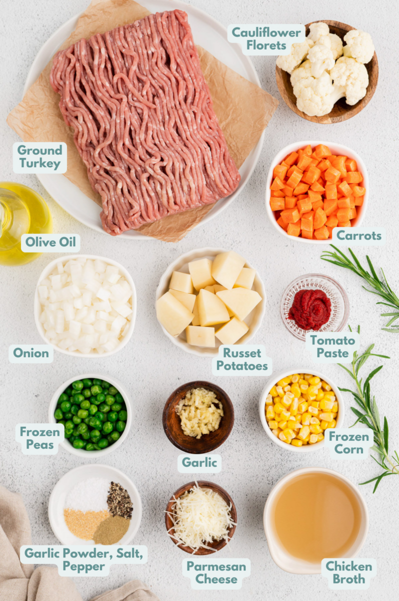 Ingredients for healthy shepherd's pie in white bowls: