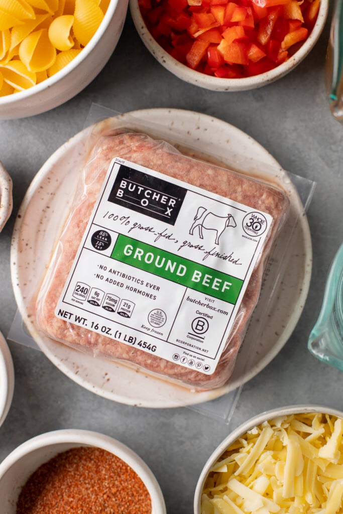 a close up of butcherbox ground beef on a white plate