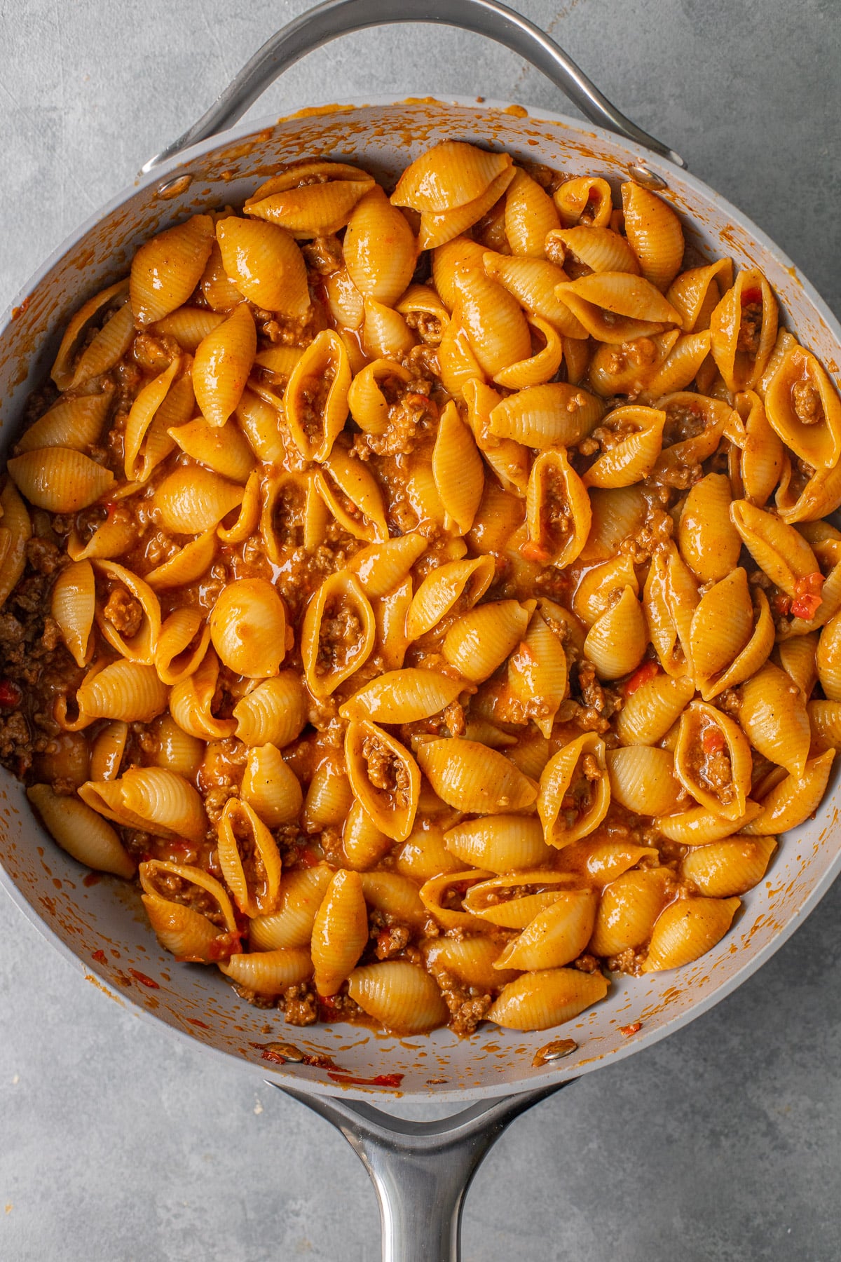 taco pasta in a grey pan after being cooked