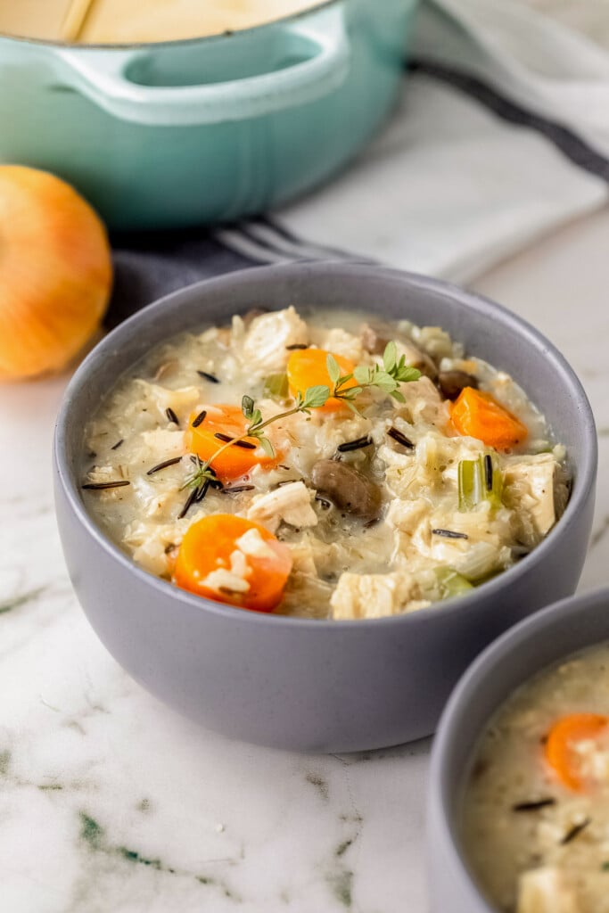 A grey bowl of turkey rice soup with another bowl on the side and a pot in the background