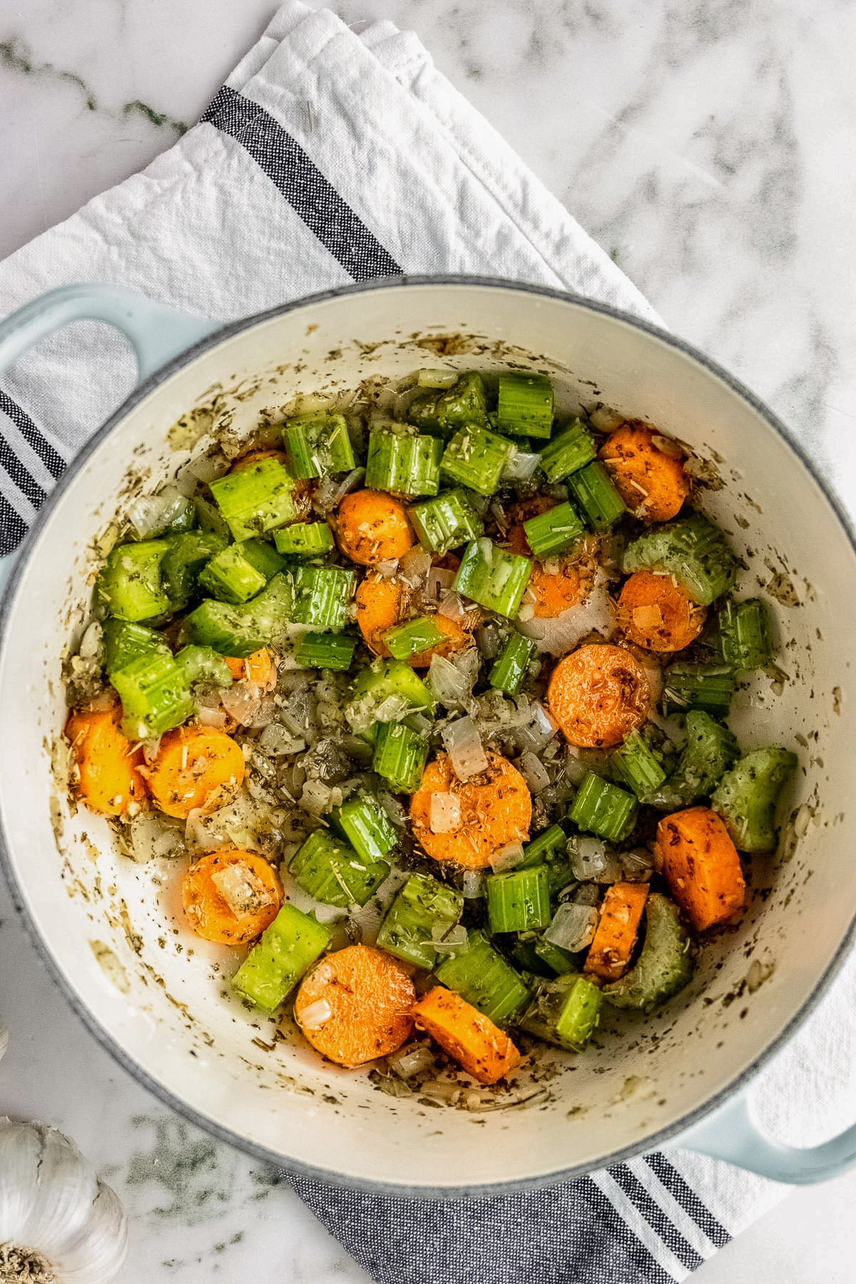 A pot of veggies after cooking for turkey wild rice soup
