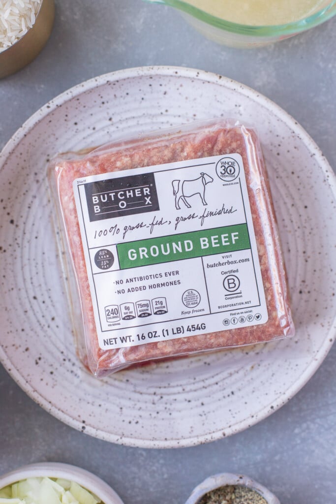 a close up of butcherbox ground beef on a white plate