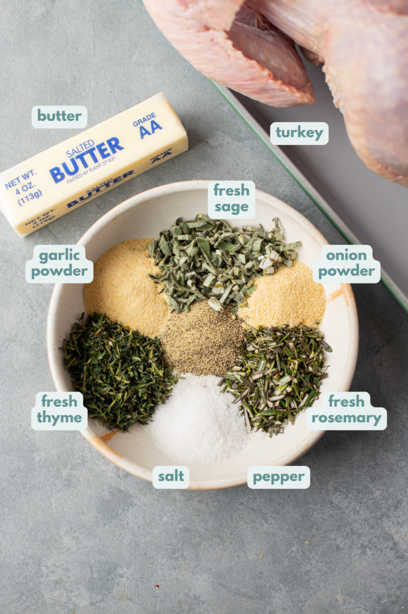 Herb Butter Turkey Recipe Ingredients in a white bowl with butter and a turkey off to the side