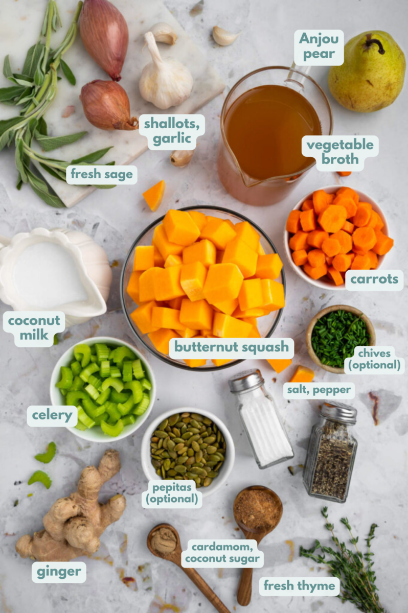 Ingredients for instant pot butternut squash soup in white bowls: