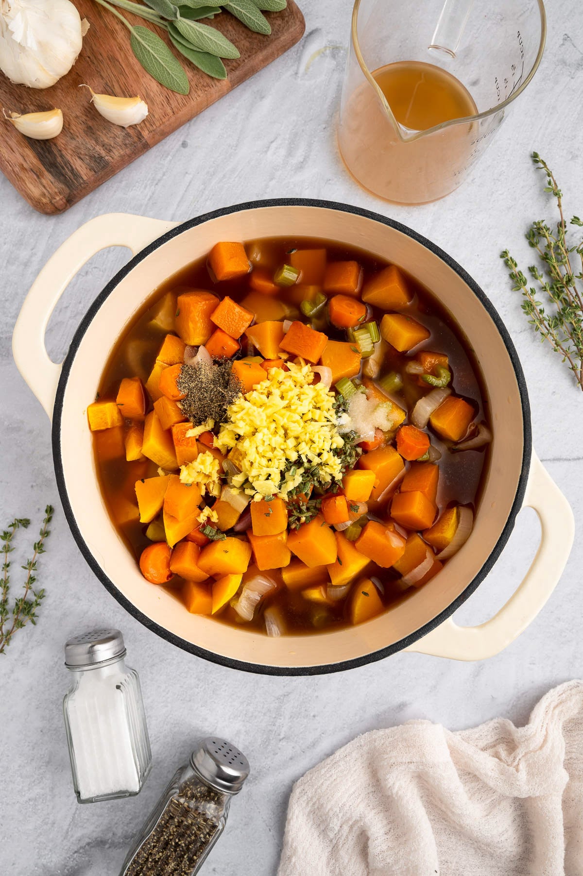 An overhead shot of a pot of roasted butternut squash soup before blending