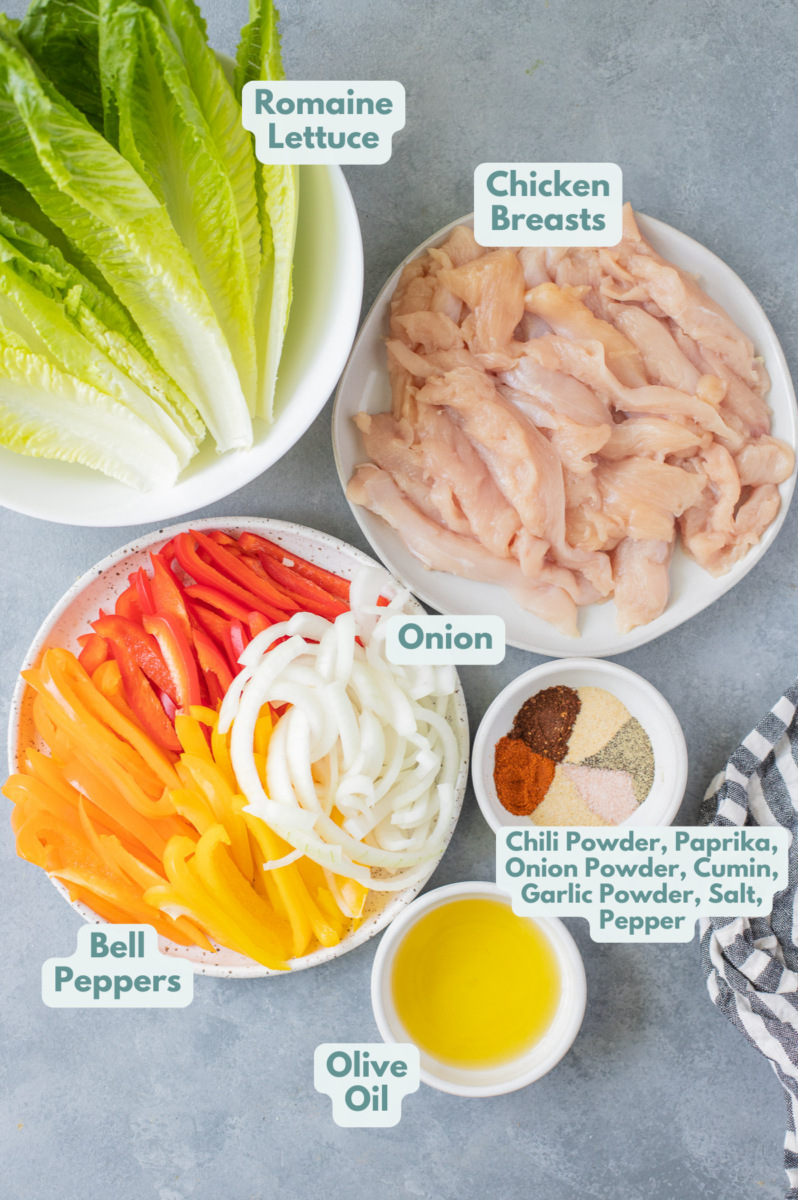 Ingredients for Whole30 Chicken Fajitas in individual white bowls on a blue background: Chicken breasts, peppers, onions, olive oil, lettuce, chili powder, paprika, onion powder, garlic powder, cumin, salt, pepper