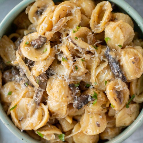 An overhead shot of a blue bowl of french onion pasta on a grey background