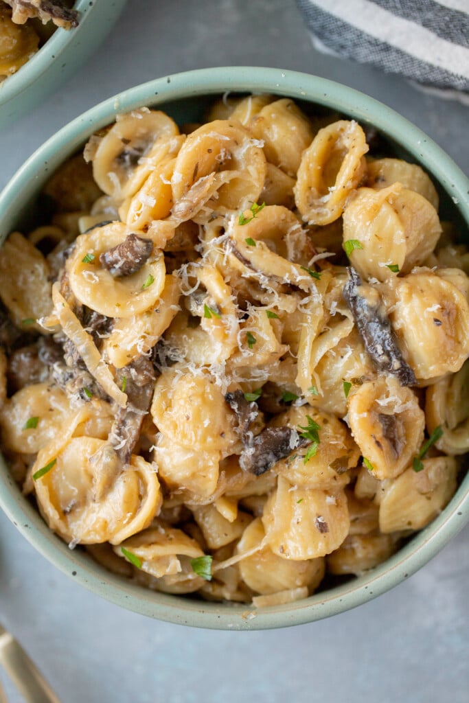 An overhead shot of a blue bowl of french onion pasta on a grey background for one pot meals