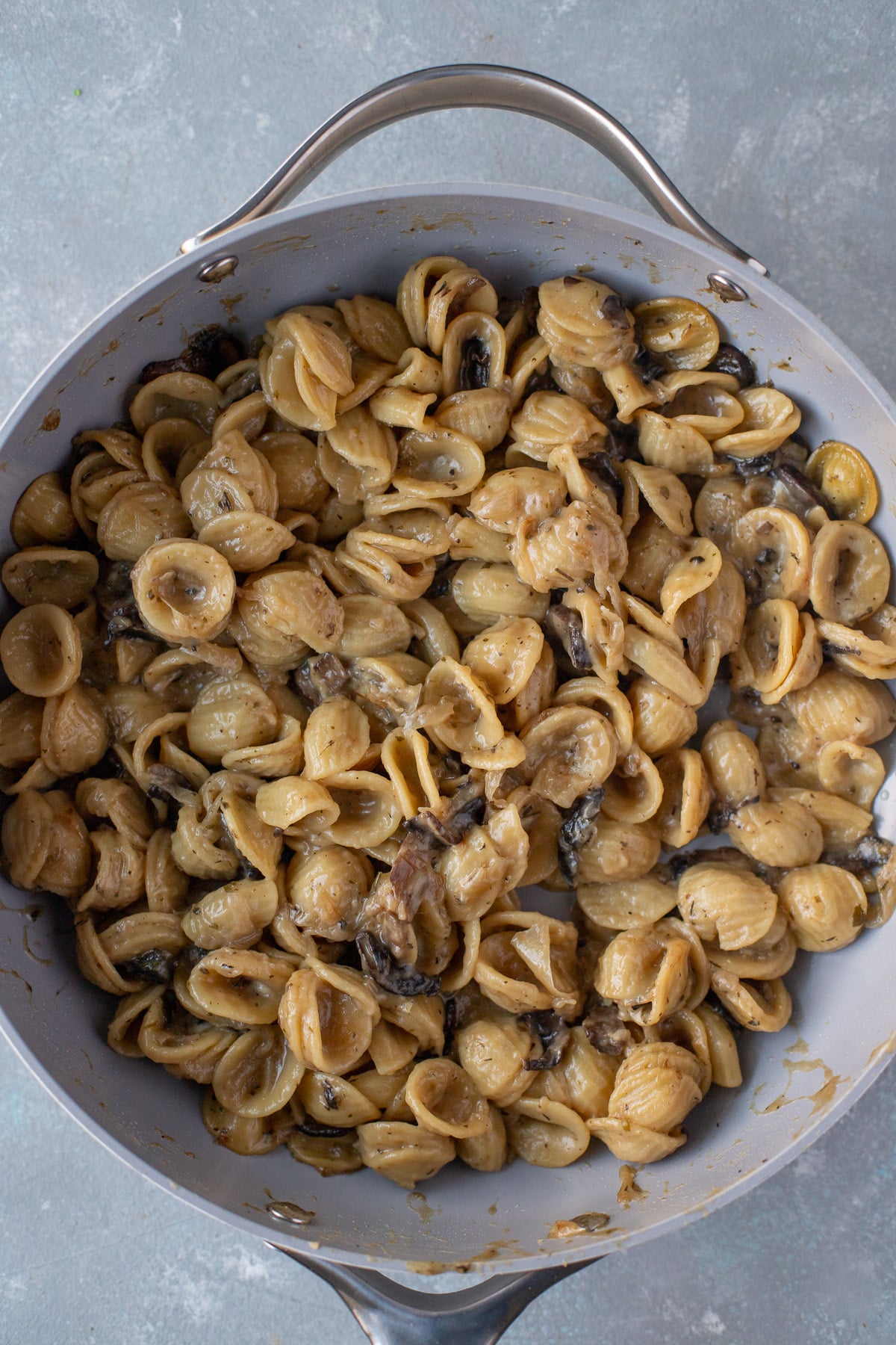 Caramelized onion pasta in a pan on a grey background