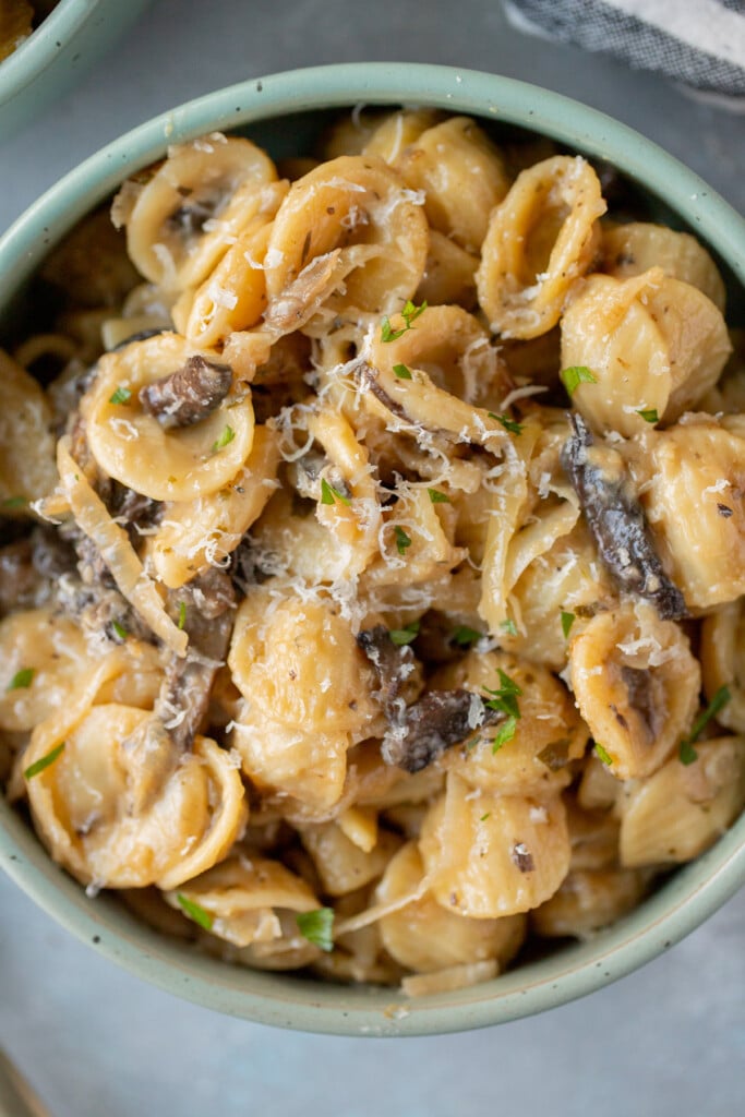 An overhead shot of a blue bowl of onion pasta on a grey background