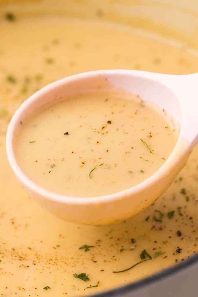 A white ladle scooping out potato leek soup from a dutch oven.